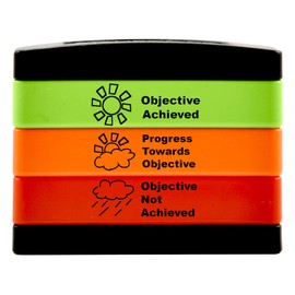 SuperStickers Multi Message 3-in-1 Stamp Stack for Teachers: Objective Achieved, Progress Towards Objective and Objective Not Achieved in Green, Orange and red Ink.