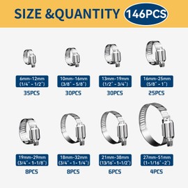 146 PCS Hose Clamps Assortment Kit, 1/4" to 2" (6–51mm), 304 Stainless Steel Worm Gear Adjustable Clamps for Garden Hose, Fuel Line, Water Pipe