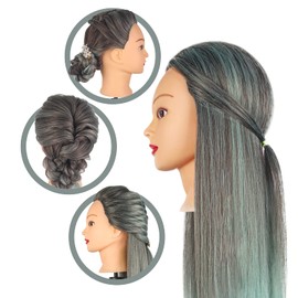 Auzass Hairdressing Head, 26-28 Inch 100% Synthetic Hair, Soft Training Head, Ombre Hairdressing Head, Training Heads with Holder + DIY Hair Hairstyles Set for Practice Hairstyles