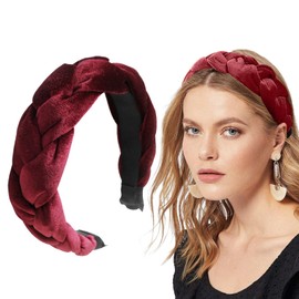 Braided Hair Band, Velvet Braided Headband, Women, Wide Vintage Padded Headband for Women and Girls, Jogging Headband Women (Wine, One Size)