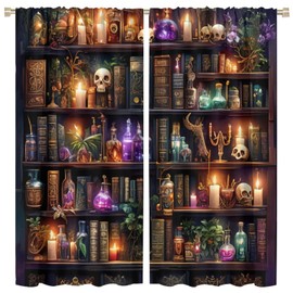 TIKRBMLB Bookshelf Skull Blackout Curtains for Bedroom Living Room, Gothic Library Candles Book Floral Thermal Insulated Room Darkening Curtain- 2 Panels 84" L x 84" W