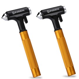 SINSEN Car Window Breaker, Seabelt Cutter, Aluminum Safety Hammer to Break Glass, 3-in-1 Emergency Kit, Fireproof All-Metal Escape Tool, Automotive Survival Accessories for Roadtrip, Gold, 2-Pack