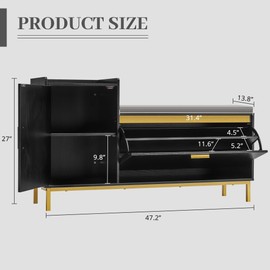 VECELO Entryway Shoe Bench with Storage, 2-Tier Shoe Rack Organizer with Flip Drawers, Removable Seat Cushion for Hallway, 13.8" D x 47.2" W x 27" H, Black