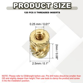 PATIKIL M1 Threaded Inserts M1x2.5x2mm, 120 Pcs Brass Heat Set Insert Female Threaded Inserts Metric Knurled Nuts Embedment Nut for Plastic and 3D Printing Components, Gold