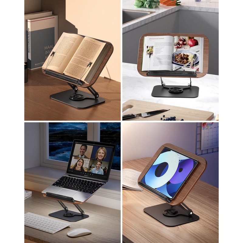 Viozon Book Stand for Reading,Book Holder, Height&Angle Adjustable, 360° Rotating