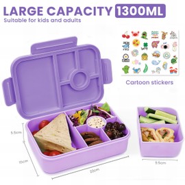 Bugucat Children's Lunch Box with Compartments, 1300 ml, 3 Pieces, Lunch Box Leak-Proof with 4 Compartments, Bento Box for Adults, Breakfast Box, Lunch Box for Boys and Girls, Purple