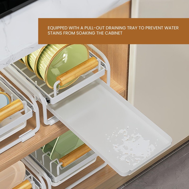 Pull-Out Double/Single Tier Dish Rack for Cupboard, Slide Out Dish