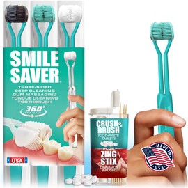 SMILE SAVER 360° Deep Clean 3-Sided Toothbrush 3PK + Toothpaste Tablets + Flavor Infused Toothpicks | Deep Cleaning + Gum Massage + Tongue Scraper (Black, Teal & White - Teal - Cinnamon)