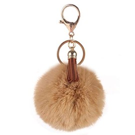 Unpafcxddyig Pom Poms Keychains Fluffy Pompoms Keyring with Tassel Pendants Faux Rabbit Fur Key Chain for Car Bag Charm,brown