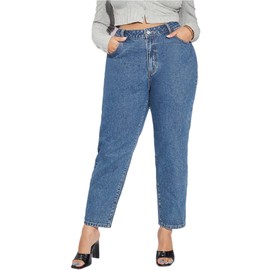 LEIJIJEANS Plus Size Tapered Women Jeans Straight Stretchy Highwaist Full Length Mom Pants Inseam 27 (1XL 14W, Dark Blue Petite)