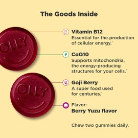 OLLY Extra Strength Daily Energy Gummy, Caffeine Free, 1000 mcg Vitamin B12, CoQ10, Goji Berries, Chewable Supplement for Adults, Berry Yuzu Flavor, 60 Count