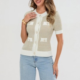 Womens Short Sleeve Button Down Cardigans Sweater Cropped Lightweight Crew Neck Elegant Knit Tops with Pockets (Apricot, S)