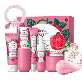Set Facial Rosa Mosqueta 8 Piezas con Limpiador, Tnico, Srum y Crema, Kit de Cuidado de la Piel con Accesorios y Caja de Regalo para Mujer            
