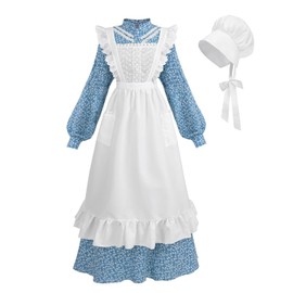 Nuoqi Prairie Dress Women Adult Pioneer Dress Long Colonial Costume with Bonnet Apron Blue L