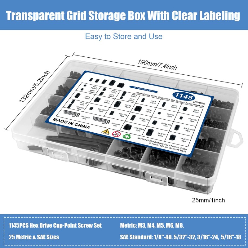 1145PCS 25 Sizes Metric & SAE Set Screw Assortment Kit,12.9