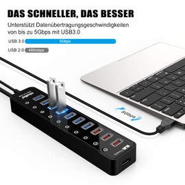 Atolla USB Hub Active 3.0 with 48 W (12 V/4 A) Power Supply, 11-Port USB 3.0 Extension Splitter (7 Data Ports + 4 Smart Charging Ports) with Single On/Off Switch and for High Power USB Devices Power