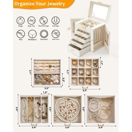 AKOZLIN 5-Tier Jewelry Box Leather Jewelry Storage Organizer with 4 Drawers Lockable for Women Girls Ring Necklace Earring Bracelet Watches Holder with Mirror White