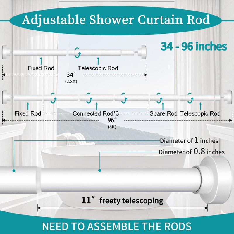 YNL Shower Curtain Rod 34-96 Inches, Non-Slip, Never Rust, No