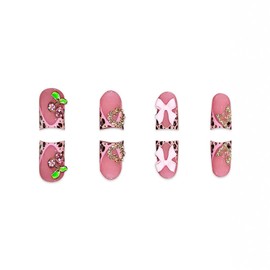 Generic Leopard Print French Tip Press on Duck Nails Medium With 3D Cherry & Heart Designs Pink Cute False Stick on Acrylic Nails for Women Manicure Kit