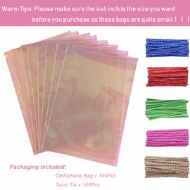 Morepack Valentines Iridescent Holographic Cellophane Treat Bags,4x6 Inch Party Favor Cookie Bags with 5 Colors Twist Ties for Weddings Birthday Party,100 Pcs