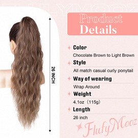 Flufymooz Ponytail Extension, Flexible Wrap Around Ponytail Extension Long Wavy Curly Ponytail Hair Extensions Natural pony tail Synthetic Hairpiece for Women 26 Inch (Chocolate Brown to Light Brown)