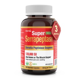 Herba Serrapeptase 120,000 SU - 90 Vegetable Capsules | High Potency Proteolytic Enzyme Supplement | Helps Reduce Pain and Swelling | 120000 Units (SPU) | 60mg | Made in Canada