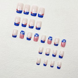 24Pcs Independence Day Press on Nails Short Square Fake Nails with Patriotic Designs American Flag Acrylic Nails 4th of July False Nails French Nail Tips Red Blue White Star Stick on Nails for Women