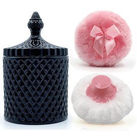 Luxury 4.2 Inch Glass Powder Container with 2 Plush Puffs｜Non-Sealed Refillable Organizer for Body Powder&Makeup｜Setting Powder Applicator w/ Loose Powder Storage(Pointed Cylinder-Black-Large)