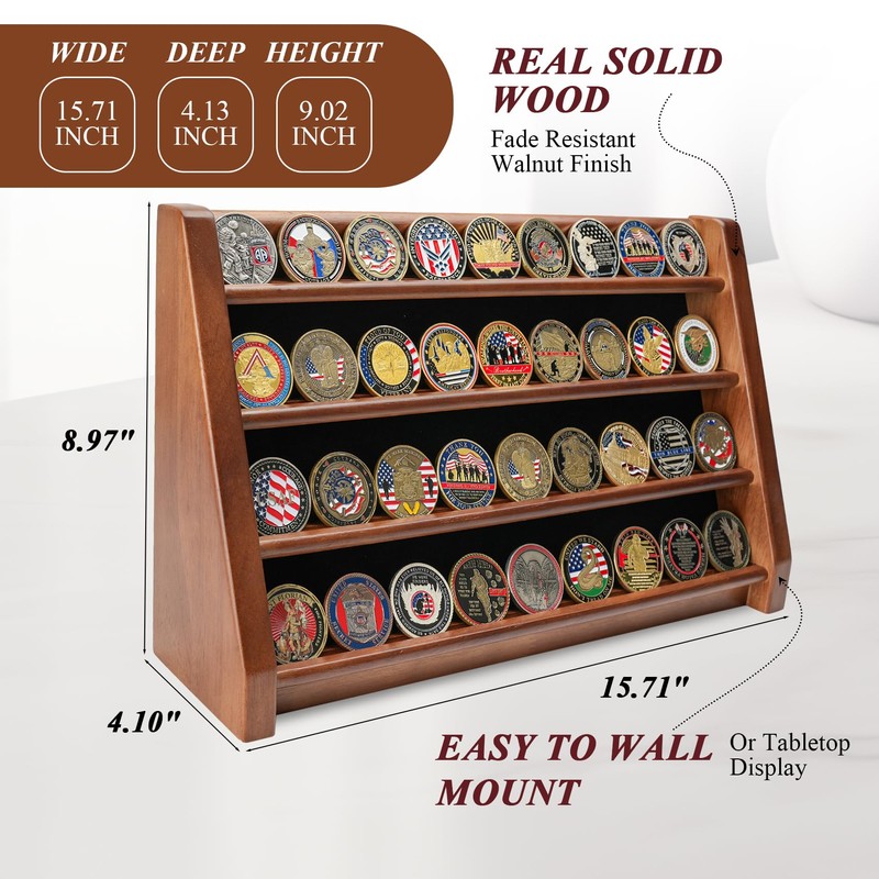 DecoWoodo Challenge Coin Display Case, 4 Row Solid Wood Military
