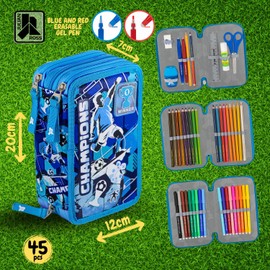 Julian Ross Children's Pencil Case, 3 Organised Compartments, Pencil Case Boy Filled with Stationery, Boys and Girls School Pencil Case, 45 Pieces for School, Glue Stick, 20 cm, Champions Blue, Pencil