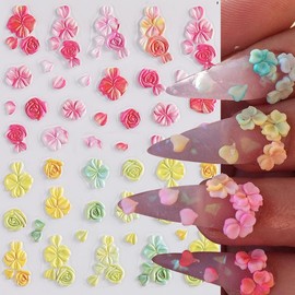 Flower Nail Art Stickers Decals 5D Embossed Pink Flowers Nail Decals 2PCS Spring Fresh Pink Yellow Floral Design Acrylic Engraved Flower Stickers for Nails Women Summer DIY Manicure Nail Decorations