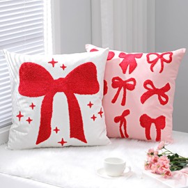 Honeydak 2 Pcs Pink Bow Coquette Pillow Covers 18 x 18 Embroidered Pillow Cases Bow Coquette Room Decor Rose Red Bowknot Embroidery Cushion Covers for Couch Sofa Bedroom Livingroom Home Decor