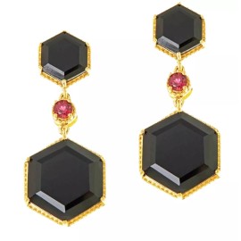 Rarities Gold-Plated Hexagon Black Onyx & Pink Garnet Drop Pierced Earrings-NWT