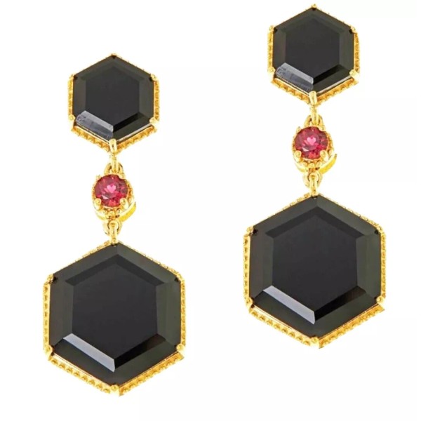 Rarities Gold-Plated Hexagon Black Onyx & Pink Garnet Drop Pierced
