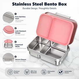 Pawtong Stainless Steel Bento Box for Kids, 2 Compartment Food Grade Metal Lunch Box Container, Leak Proof Silicone Lid, Dishwasher Safe Reusable Snack Box for School Travel Picnic, BPA Free (Pink)