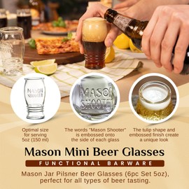 5 oz Mason Jar Pilsner Beer Glasses (Set of 6) Flight Glass Set for Beer Tasting, Drink Samplers, Small Pint Glasses, Craft, Guinness, Belgian, Bourbon, Liquor, Wine, Juice, Tulip, Unique Bar Gift