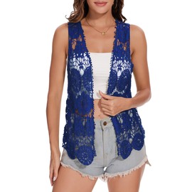 Anna-Kaci Lace Front Open Sleeveless Top Cardigan Crochet Vest Cover up Summer Beachwear, Navy, Medium