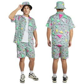 AYBUY 80s 90s Outfit Retro Button Shirts, 3Pcs Hip Hop Costume Outfit Set for Adults, Disco Theme Party Shirts with Hat for Beach Party, Music Festivals, Masquerade (XL)