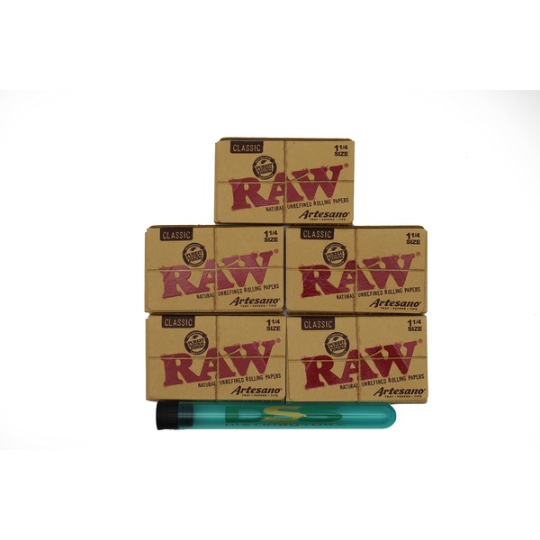 Raw Classic Artesano Rolling Papers 1 1/4 + Tips and Tray- 5 Packs (250 Sheets Total) + DSS Tube