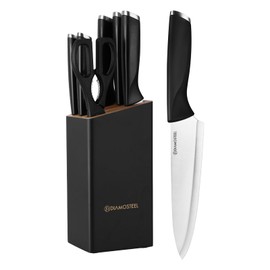 Diamosteel Black Knife Set with Block, 7 Pieces Sharp Knife Block Set with Stainless Steel Blade and Ergonomic Handle, Chef, Slicing, Bread, Utility, Paring Knife, Kitchen Scissors and Wooden Block