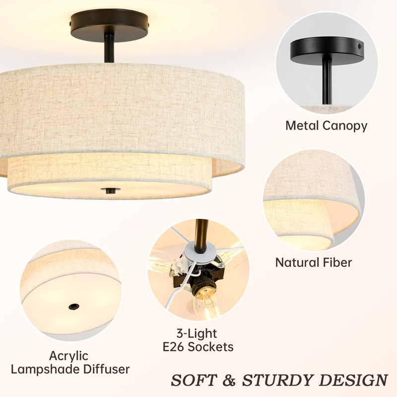 Outiron 16" Semi Flush Mount Ceiling Light, 3-Light Drum Ceiling