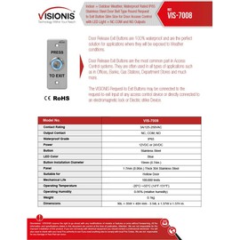 Visionis VIS-7008 Indoor Outdoor Weatherproof IP65 Stainless Steel Doorbell Type Round Push to Exit Button Slim for Door Access Control with LED NC COM and NO Outputs