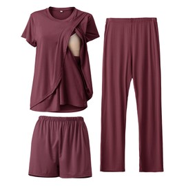 SUNNYBUY 3 Piece Nursing Pajamas Set Postpartum Casual Soft Maternity Pajamas Sleepwear Loungewear Clothing Layer, Purple, red