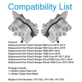 labwork Rear Left Right Brake Calipers with Pads Replacement for Polaris Ranger 570 700 800 900 1000 Diesel 900 1000 XP Crew 2011-2019 1911762 1911764 1911765