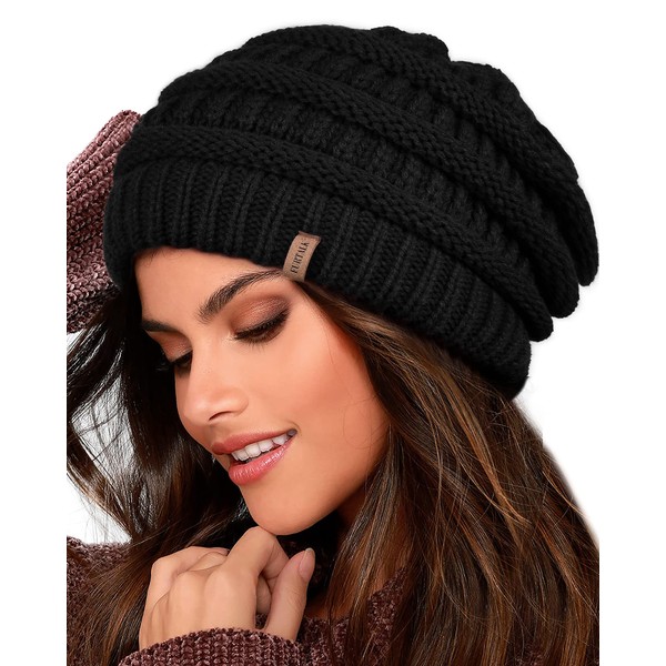 Furtalk Women's Beanie Hat, Warm, Winter-Wear with Soft Inner Lining - black