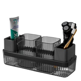 Vowupt Toothbrush Holder for Bathrooms, 2 cups Toothbrush Organizer for Bathroom Countertop, Toothbrush Holder Toothbrush Storage for Shower, Tooth Brushing Holder Cup Tray and Toothpaste Caddy Black