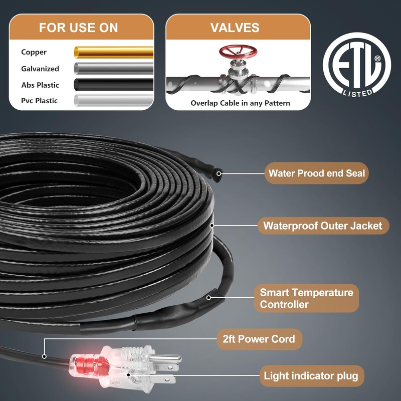Heat Tape, 50FT -140FT Deicing Heating Cable,Pipe (Metal and Plastic)