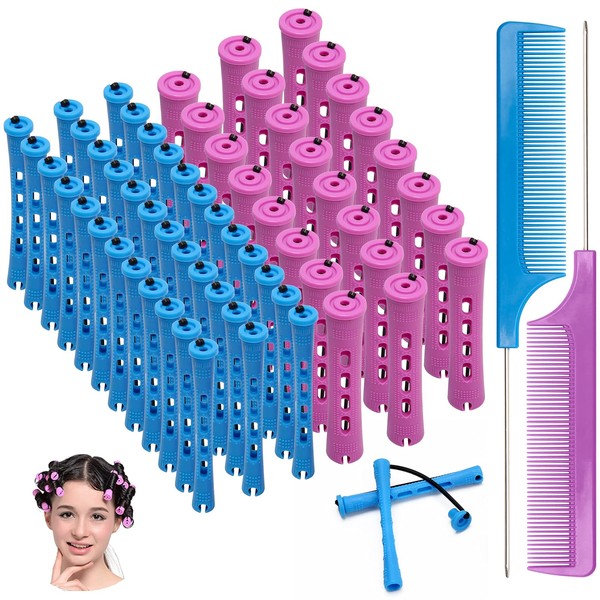 62 PCS Hair Perm Rods Set, Ahier 60 Short Cold Wave Rods Plastic Hair Curling Rollers Curlers 2 Size with 2 Stainless Steel Rat Tail Comb for Hairdressing Styling Supplies