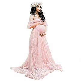 Women's Off Shoulder Ruffle Sleeve Lace Maternity Gown Maxi Photography Dress (Peach Pink, Small)
