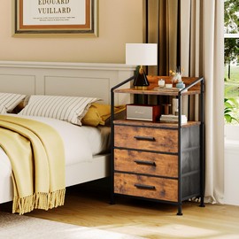 EKNKOZY Nightstand 3 Drawer Dresser, Vertical Side Table with Fabric Drawers, End Table with Open Shelf, Dresser for Bedroom, Hallway, Entryway, Rustic Brown